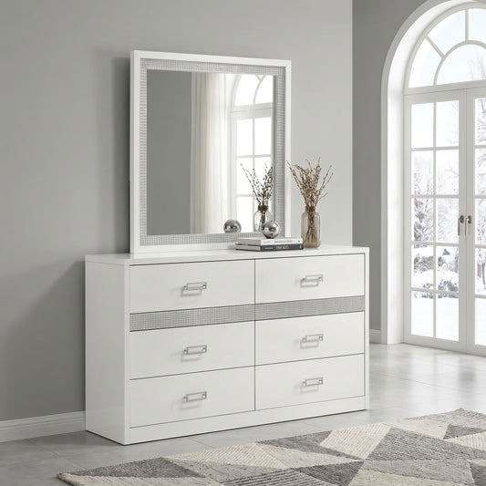 Viana 6-Drawer Bedroom Dresser with Beveled Mirror White High Gloss