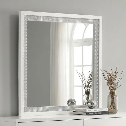 Viana Square Beveled Dresser Mirror with Faceted Trim White High Gloss