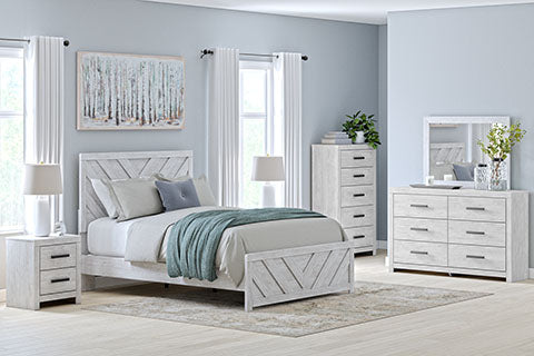 Cayboni Whitewash King Panel Bed, Dresser & Mirror, Nightstand