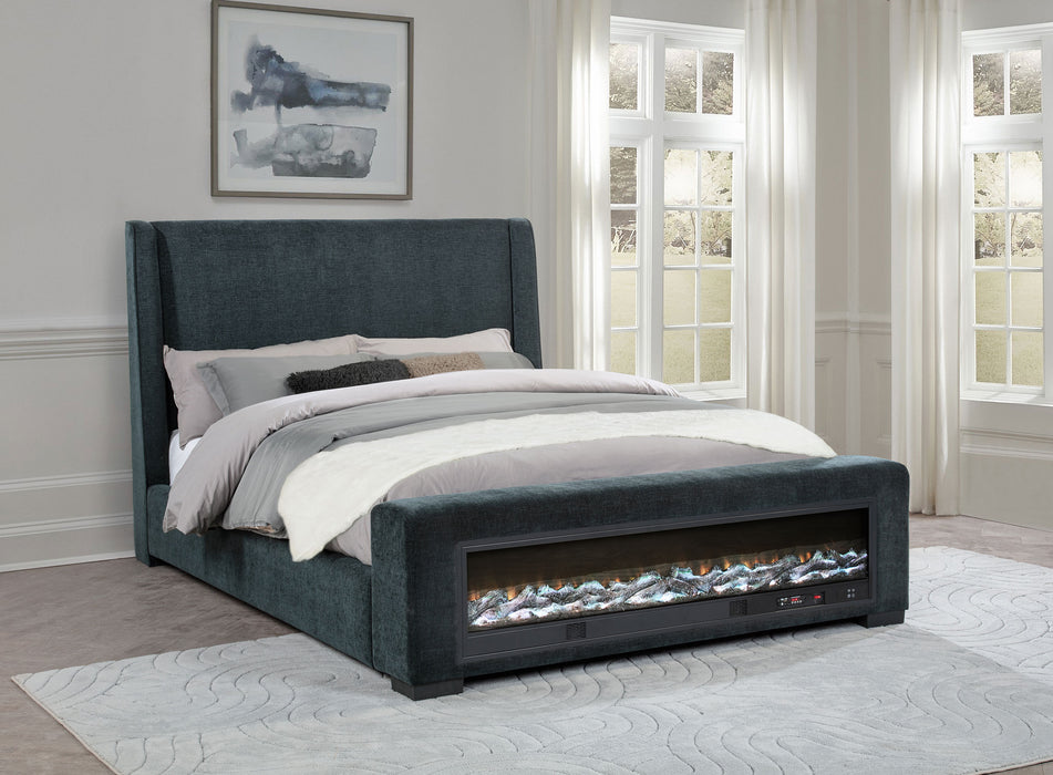Preston Upholstered Eastern King Audio Flame Visualizer Bed Dark Blue