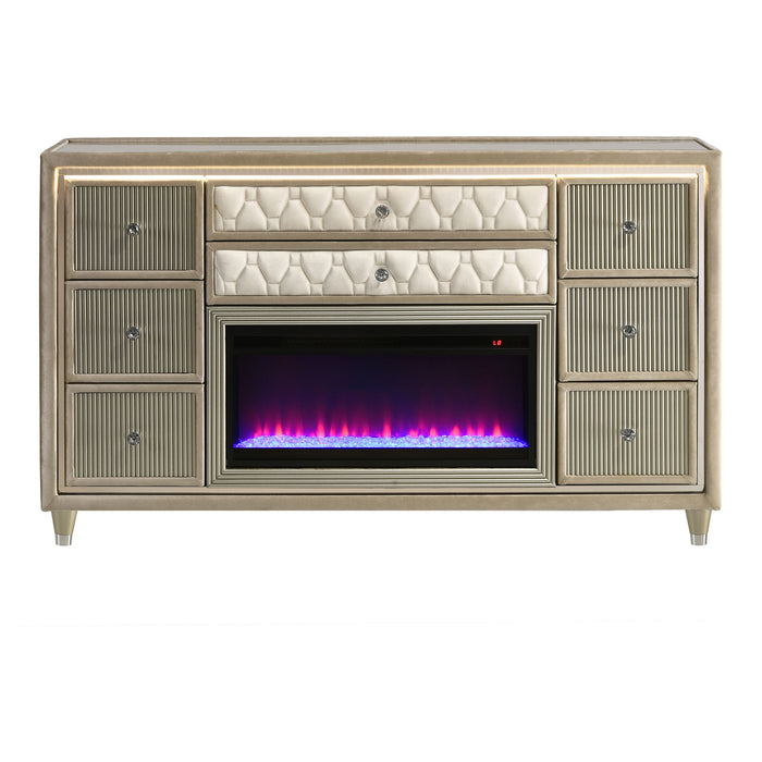 Lorient 8-drawer LED Bedroom Flame Box Dresser Ivory Camel
