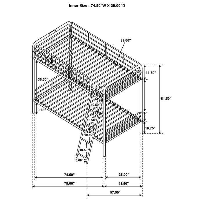 Carson Metal Twin Over Twin Bunk Bed Glossy Silver