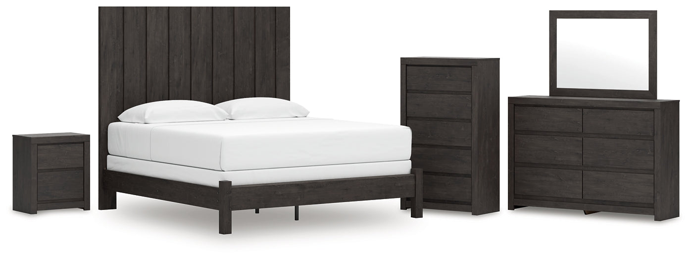 Fraluna King Panel Bed with Mirrored Dresser, Chest and Nightstand