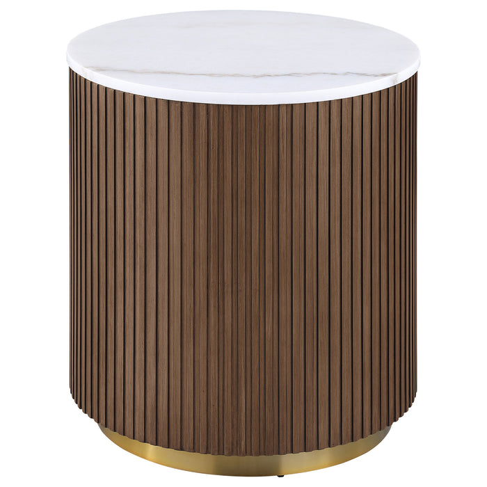 Jason 2-piece Round White Marble Coffee Table Set Honey Brown