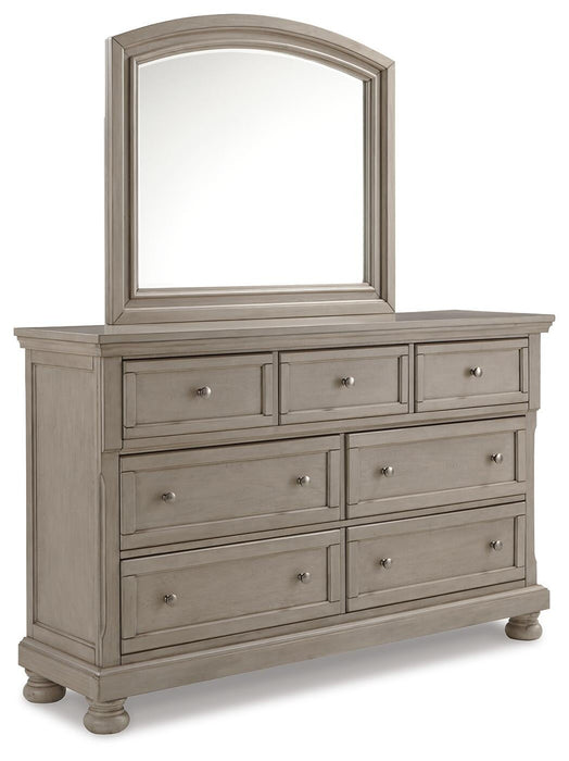 Lettner Queen Sleigh Bed with 2 Storage Drawers with Mirrored Dresser, Chest and Nightstand