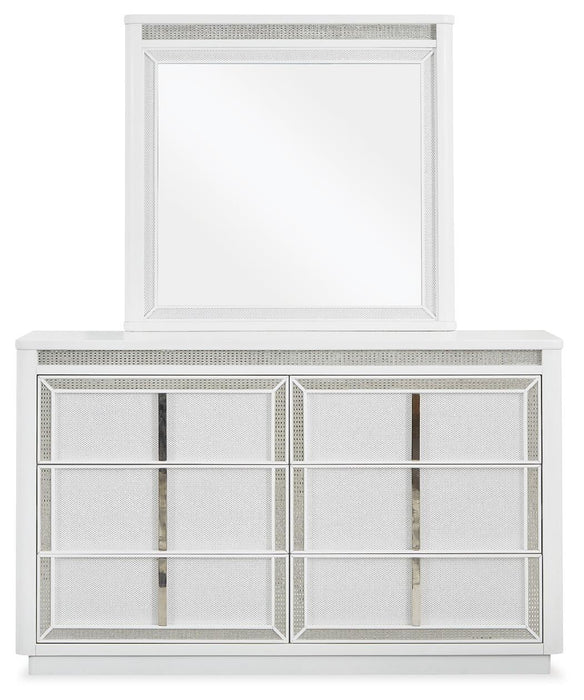 Chalanna California King Upholstered Storage Bed, Dresser, Mirror, Chest and Nightstand