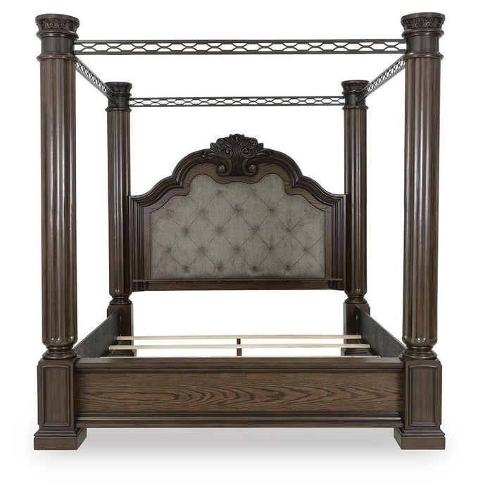 Maylee Queen Canopy Bed, Dresser, Mirror and Nightstand