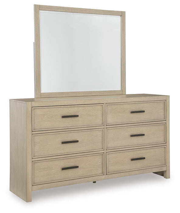 Calmoro California King Bookcase Bed with Mirrored Dresser and Nightstand