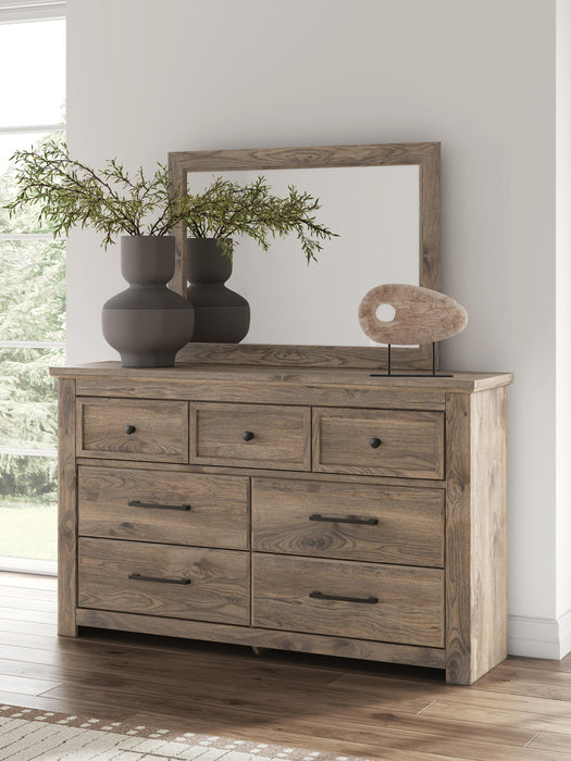 Rusticott Queen Poster Bed with Mirrored Dresser and Nightstand