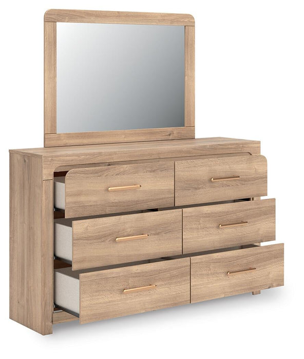 Kinlanni Queen Upholstered Platform Bed, Dresser and Mirror