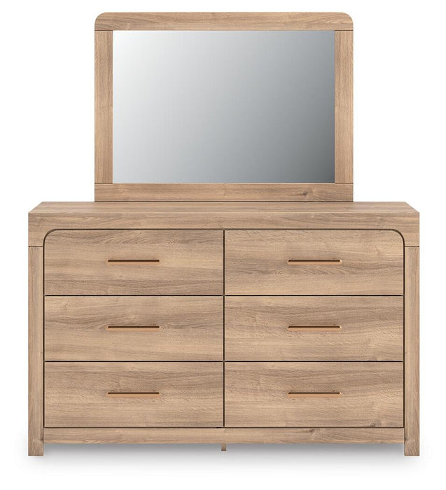 Kinlanni Queen Upholstered Panel Bed, Dresser and Mirror