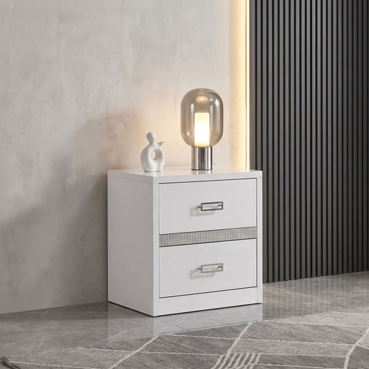 Viana Contemporary 2-Drawer Nightstand with Chrome Pulls White High Gloss