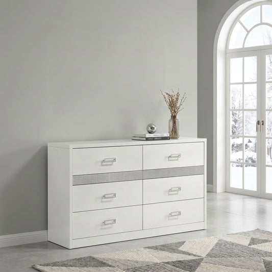 Viana 6-Drawer Bedroom Dresser with Chrome Pulls White High Gloss