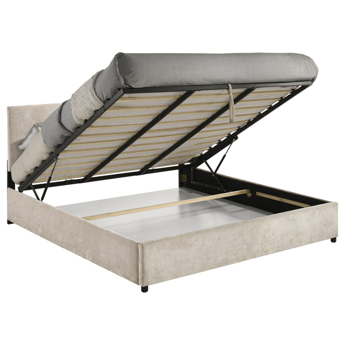 Reeves Upholstered Eastern King Lift-Top Storage Platform Bed Beige
