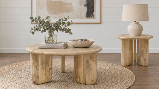 Dale 2-Piece Round Mango Wood Coffee and End Table Set Natural Mango